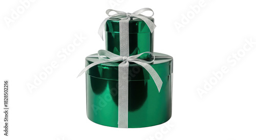 Isolated shimmering green tiered gift box with silver ribbon, holidays, party, special occasion