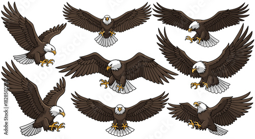 A collection of cartoon bald eagles in various flight poses, including soaring, landing, and aggressive displays, on a white background.