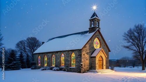 Wallpaper Mural s): Old stone church under falling snow, stained-glass windows illuminated, Christmas star shining above bell tower.jpg Torontodigital.ca