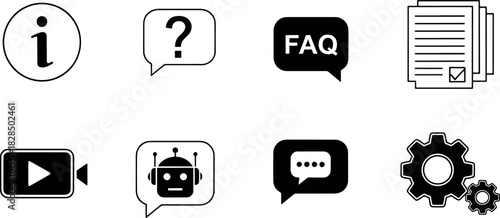 Collection of modern flat icons representing information, support, video, chat, and technology settings