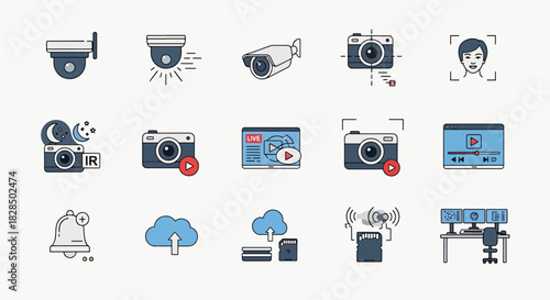 Collection of modern flat icons for security cameras, face recognition, cloud storage, and surveillance systems.