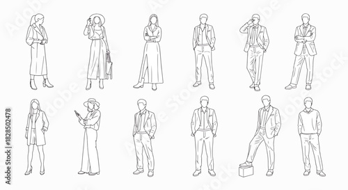 Collection of modern fashion line art figures including women in stylish outfits and men in suits posing, professional sketches