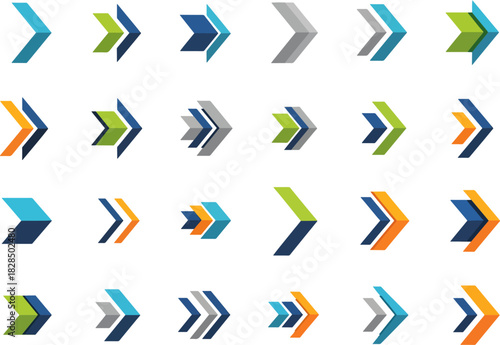 Collection of Modern Abstract Arrows in Various Color Combinations and Styles, Indicating Direction and Progress