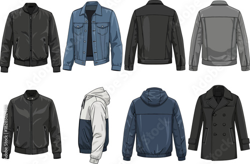 Collection of men's jackets in various styles including bomber, denim, leather, windbreaker, and peacoat, isolated on white background