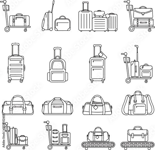 Collection of luggage and travel bags outline icons representing suitcases, backpacks, and duffel bags on carts and conveyor belts