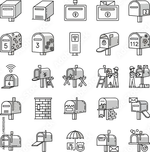 Collection of Mailbox Icons Vector Set, Various Types of Mailboxes Including Modern, Classic, and Decorative Designs