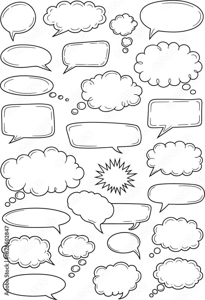 Fototapeta premium Collection of Hand Drawn Speech Bubbles and Thought Clouds for Communication and Dialogue