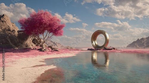 A surreal landscape with a golden ring, pink tree, and turquoise water