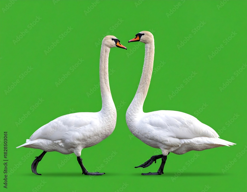 Obraz premium Two white swans on green backdrop, facing each other, walking