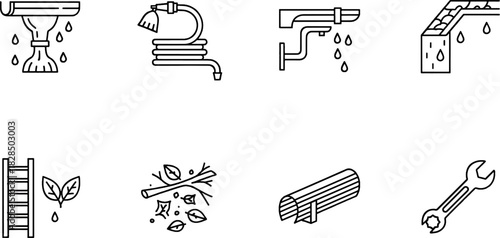 Collection of gutter system icons including ladder, hose, branches, and wrench for home maintenance and repair tasks.