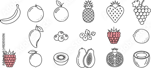Collection of Fresh Healthy Fruits and Berries Line Art Icons Set, Including Banana, Orange, Pineapple, Strawberry, Grapes, Mango, Raspberry, Kiwi, Papaya, Pomegranate, Coconut