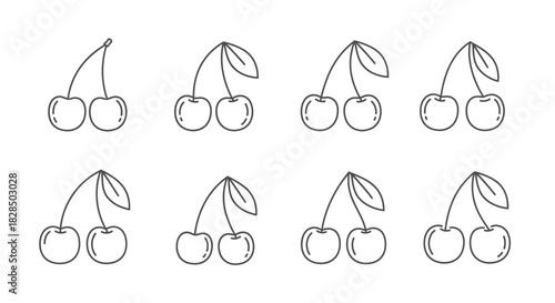 Set of eight hand drawn cherry illustrations in a simple line art style