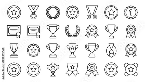 Outline icon set representing success, victory, and achievement through various symbols: trophies, medals, awards, badges and certificates.