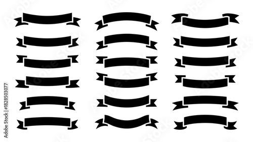 Set of diverse black ribbon banners, elegant and versatile graphic elements for titles, awards, labels, and decorative design projects.