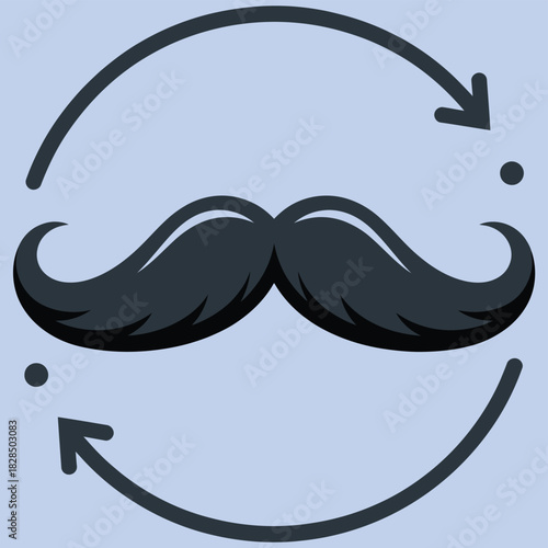 retro mustache design with cyclical arrow, highlighting grooming trends, fashionable facial hair styles, personal care evolution, and classic barbering icons for modern and vintage vector graphic