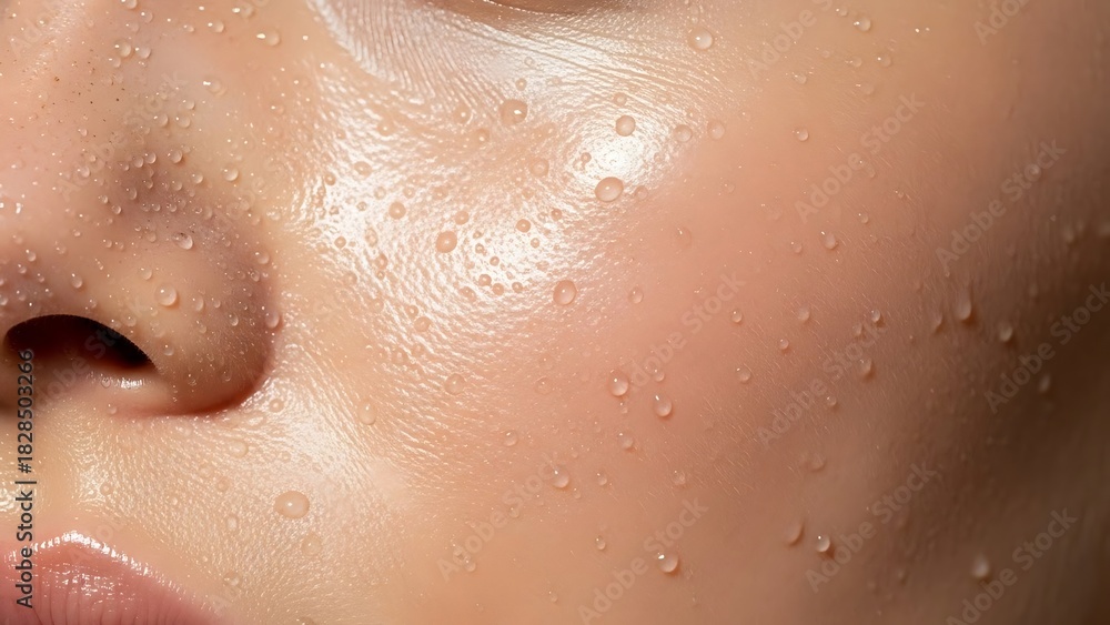 Fototapeta premium Close Up of Moist Dewy Skin with Water Droplets on Cheek and Nose in Soft Lighting