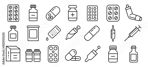 Medical and pharmaceutical line art icons set featuring pills, capsules, bottles, syringes, droppers, and blister packs for healthcare design