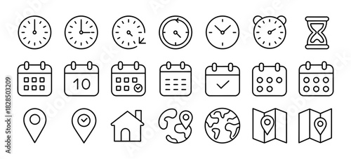 Time and location management concept, featuring minimalist line art icons for clocks, calendars, and navigation pins, ideal for web design.
