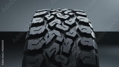 All terrain vehicle tire rotating on dark background with subtle light flares