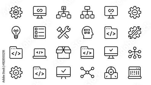 Outline icon set for programming and web development, featuring symbols for coding, data, network, settings, tools, and digital processes.