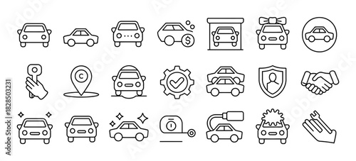 Automobile service, sale, and maintenance line icons collection, featuring vehicle inspection, key handling, location, insurance, and warranty symbols