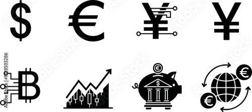 Collection of Financial and Cryptocurrency Icons Including Dollar Euro Yen Bitcoin Piggy Bank and Global Exchange Symbols