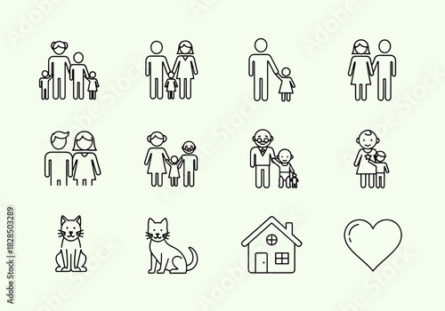 Collection of Family Icons Representing Different Generations and Love Including Grandparents Parents Children and Pets