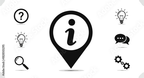 Collection of essential icons including info, question mark, lightbulb, search, chat bubbles, and gears for diverse concepts