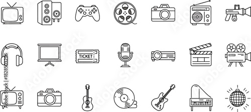 Collection of Entertainment and Media Icons Retro and Modern Devices Featuring TV, Camera, Music, and Film Equipment