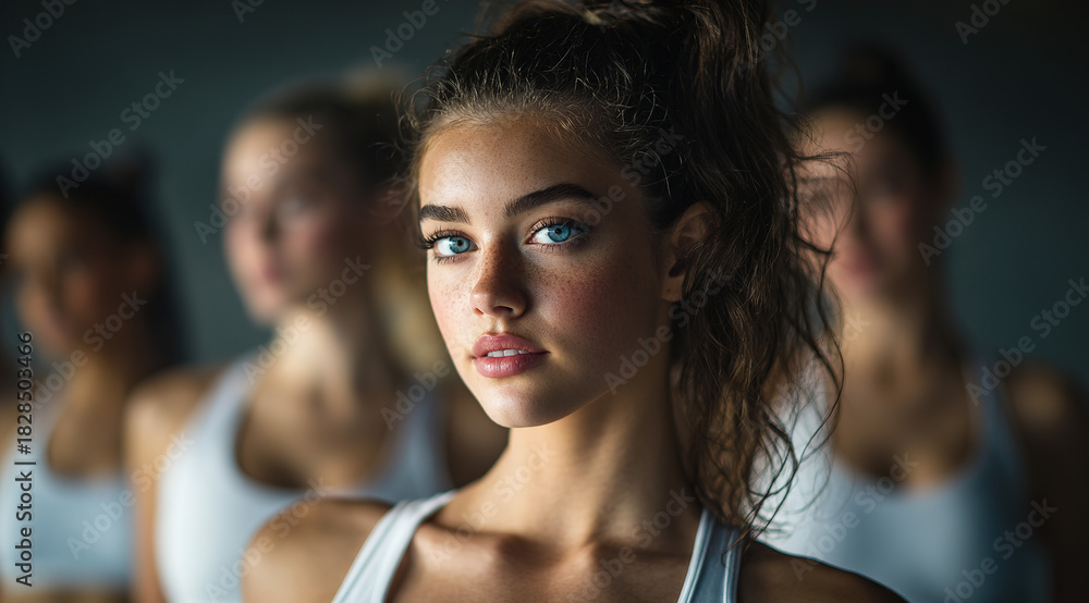 Obraz premium Portrait of focused young blonde woman in sports bra with other individuals blurred in background; fitness class or gym environment concept.