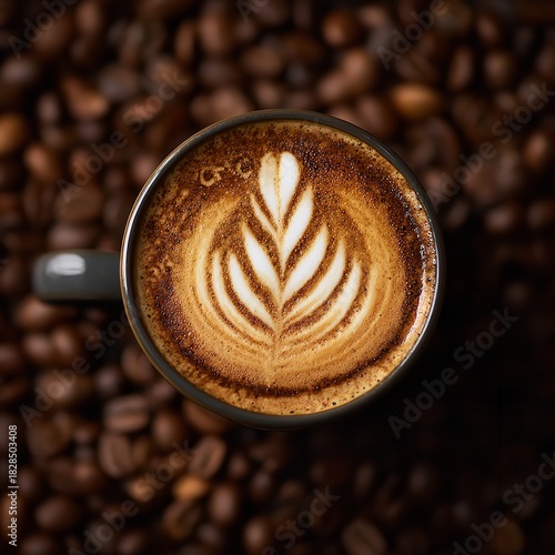 Top view of a cup of cappuccino with latte art on a coffee bean background