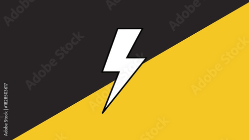 Graphic illustration of a a lightning bolt icon, a powerful concept of energy and electricity, on a diagonally split yellow and black background