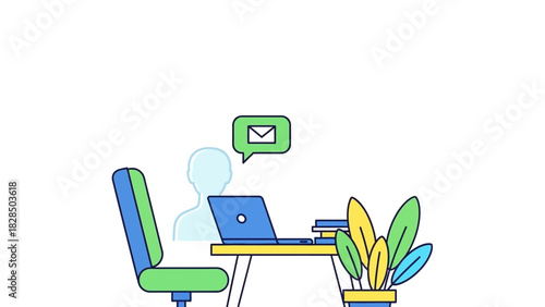 Productive Individual Working Remotely at a Desk with Laptop, Receiving Email Communication – Digital Workspace and Business Workflow Illustration