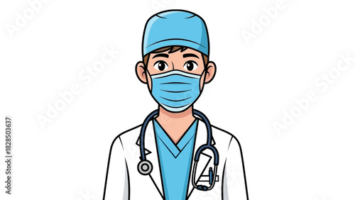Illustration of a male doctor wearing a surgical mask and stethoscope, professional healthcare worker in uniform