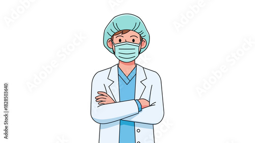 Dedicated healthcare professional in a face mask and surgical cap, wearing a lab coat and standing with arms crossed, representing medical expertise and patient care illustration
