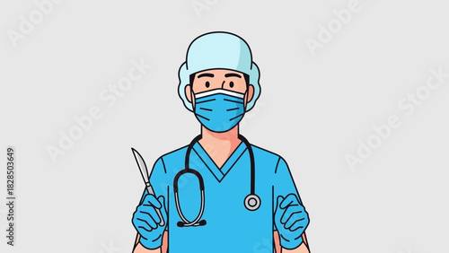 Vector illustration of a male surgeon in scrubs, cap, and mask holding a scalpel, prepared for a medical operation in a hospital