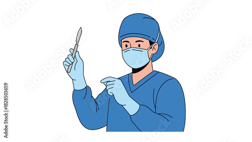 Medical Professional Ready for Surgery Holding Scalpel Illustration