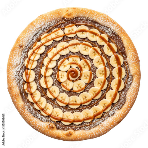 Delicious chocolate banana dessert pizza with caramel drizzle