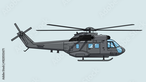 A detailed illustration of a military helicopter with its rotor blades outstretched, ready for action