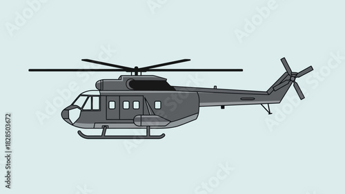 Side view of a gray utility helicopter vector illustration isolated on a light blue background. Air transport and aviation concept design