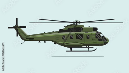 Vector illustration of a modern military transport helicopter in a flat design style, depicting a robust rotary-wing aircraft, ideal for air defense and strategic aerial operations