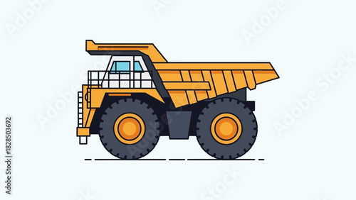 Illustrative depiction of a large construction dump truck with a yellow cab and body, set against a plain backdrop