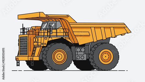 Large-scale industrial haul truck vector illustration, depicting heavy-duty mining and construction machinery for earthmoving operations and material transport