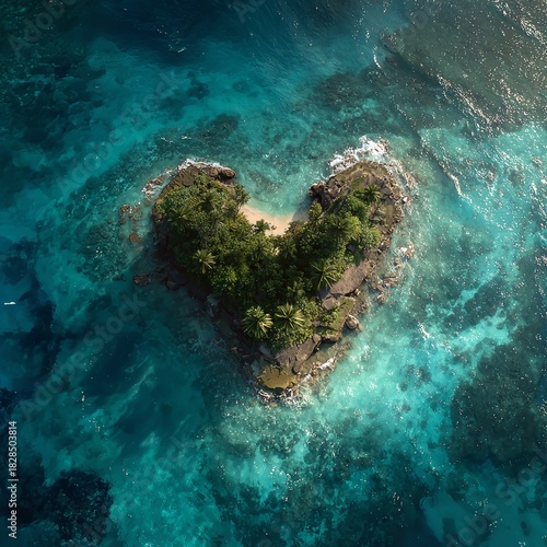 Aerial view of a heart shaped tropical island surrounded by turquoise water