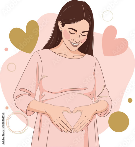 A beautiful pregnant woman lovingly cradles her belly, radiating joy and warmth. Soft pink hues and heart shapes evoke pure love and tenderness. Ideal for maternal, family, or wellness themes.