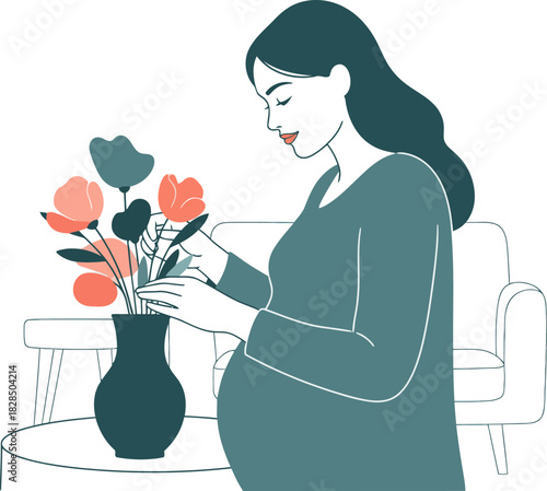 A pregnant woman lovingly arranges flowers, radiating joy and anticipation. Soft colors and a serene setting evoke a feeling of peaceful preparation. Ideal for motherhood and wellness themes.