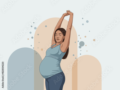 A pregnant woman stretches gracefully, radiating strength and beauty. Soft colors and a modern, abstract background create a serene and empowering image. Perfect for wellness and motherhood campaigns.