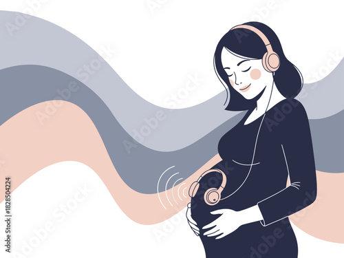pregnant woman relaxes listening to music through headphones while gently touching her belly Soft calming colors and a modern illustration style