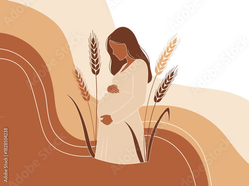 serene illustration depicts a pregnant woman embracing her belly surrounded by wheat stalks Warm tones and a minimalist style evoke feelings of growth and love