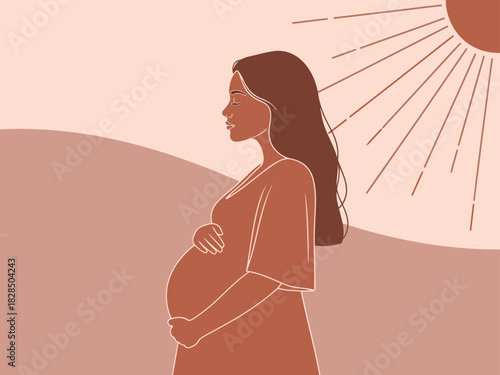 serene pregnant woman basks in sunlight radiating soulful love Minimalist design warm tones and a peaceful expression create a beautiful calming image suitable for wellness and motherhood themes